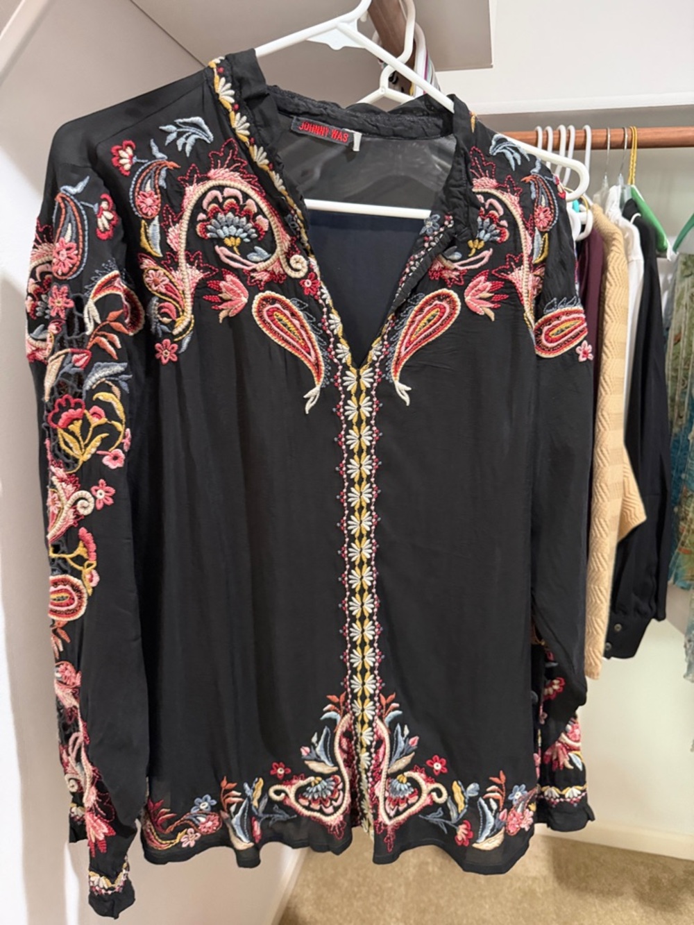 Johnny Was Black Embroidered Boho Blouse